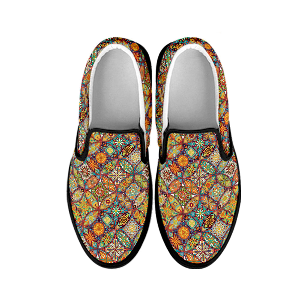 Ethnic Mandala Patchwork Pattern Print Black Slip On Shoes