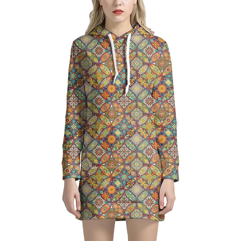 Ethnic Mandala Patchwork Pattern Print Hoodie Dress