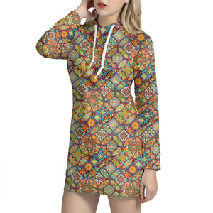 Ethnic Mandala Patchwork Pattern Print Hoodie Dress