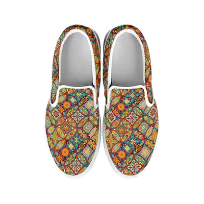 Ethnic Mandala Patchwork Pattern Print White Slip On Shoes