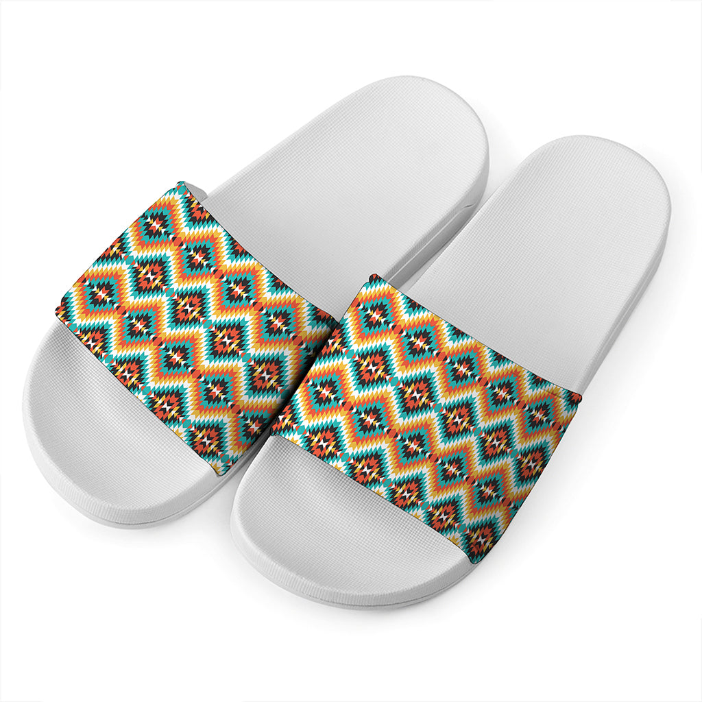Ethnic Native American Pattern Print White Slide Sandals