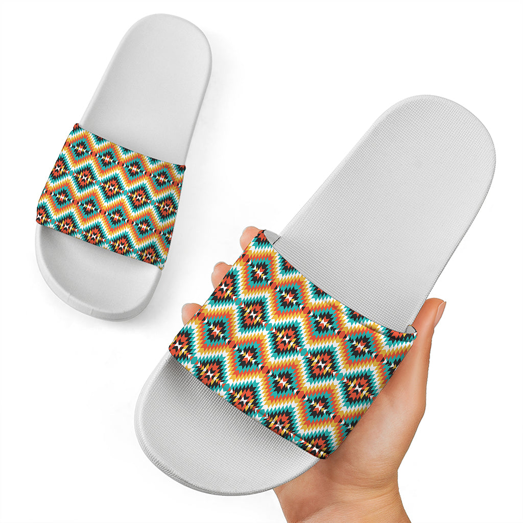 Ethnic Native American Pattern Print White Slide Sandals