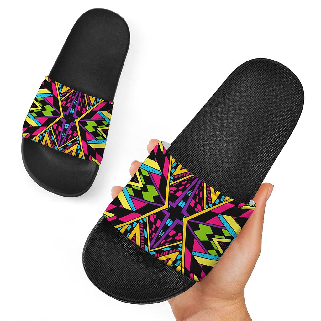 Ethnic Psychedelic Trippy Print Black Slide Sandals