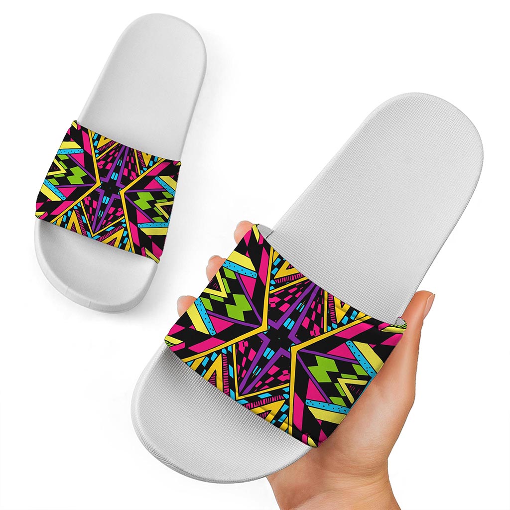 Ethnic Psychedelic Trippy Print White Slide Sandals