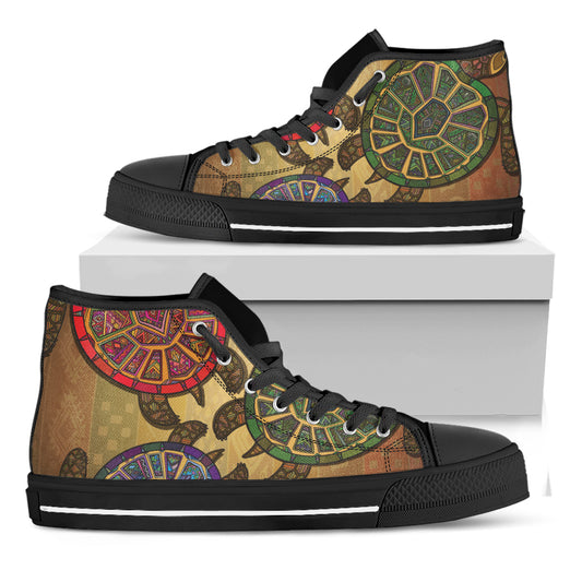 Ethnic Sea Turtles Print Black High Top Shoes