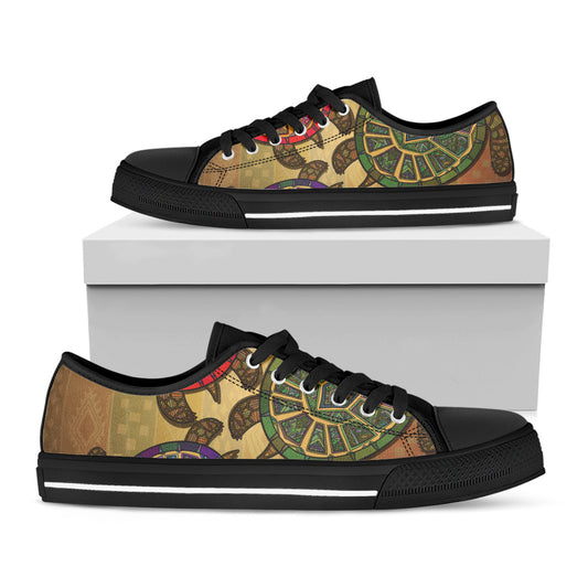 Ethnic Sea Turtles Print Black Low Top Shoes 