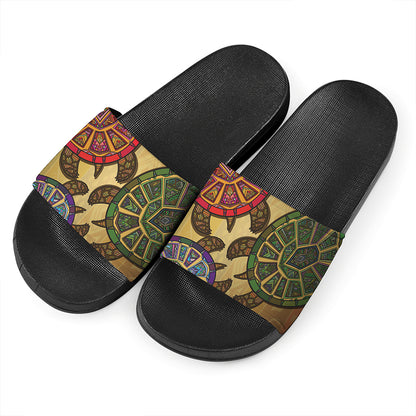 Ethnic Sea Turtles Print Black Slide Sandals