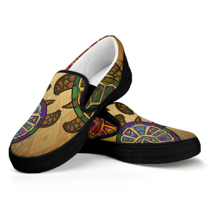 Ethnic Sea Turtles Print Black Slip On Shoes
