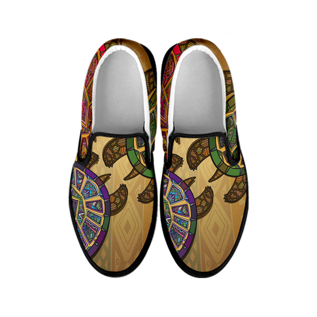 Ethnic Sea Turtles Print Black Slip On Shoes