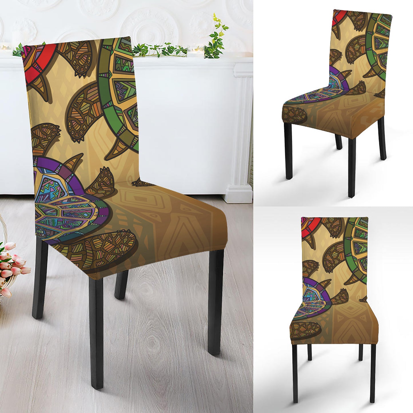 Ethnic Sea Turtles Print Dining Chair Slipcover