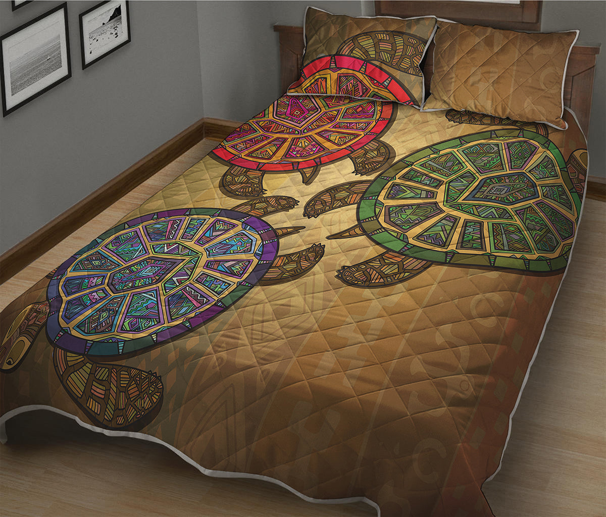 Ethnic Sea Turtles Print Quilt Bed Set