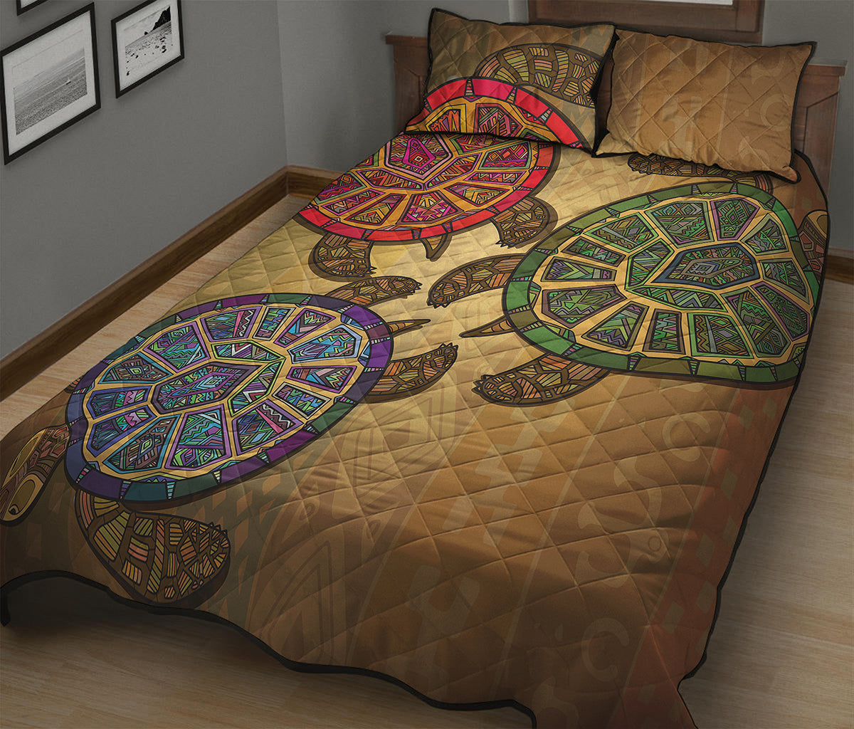 Ethnic Sea Turtles Print Quilt Bed Set