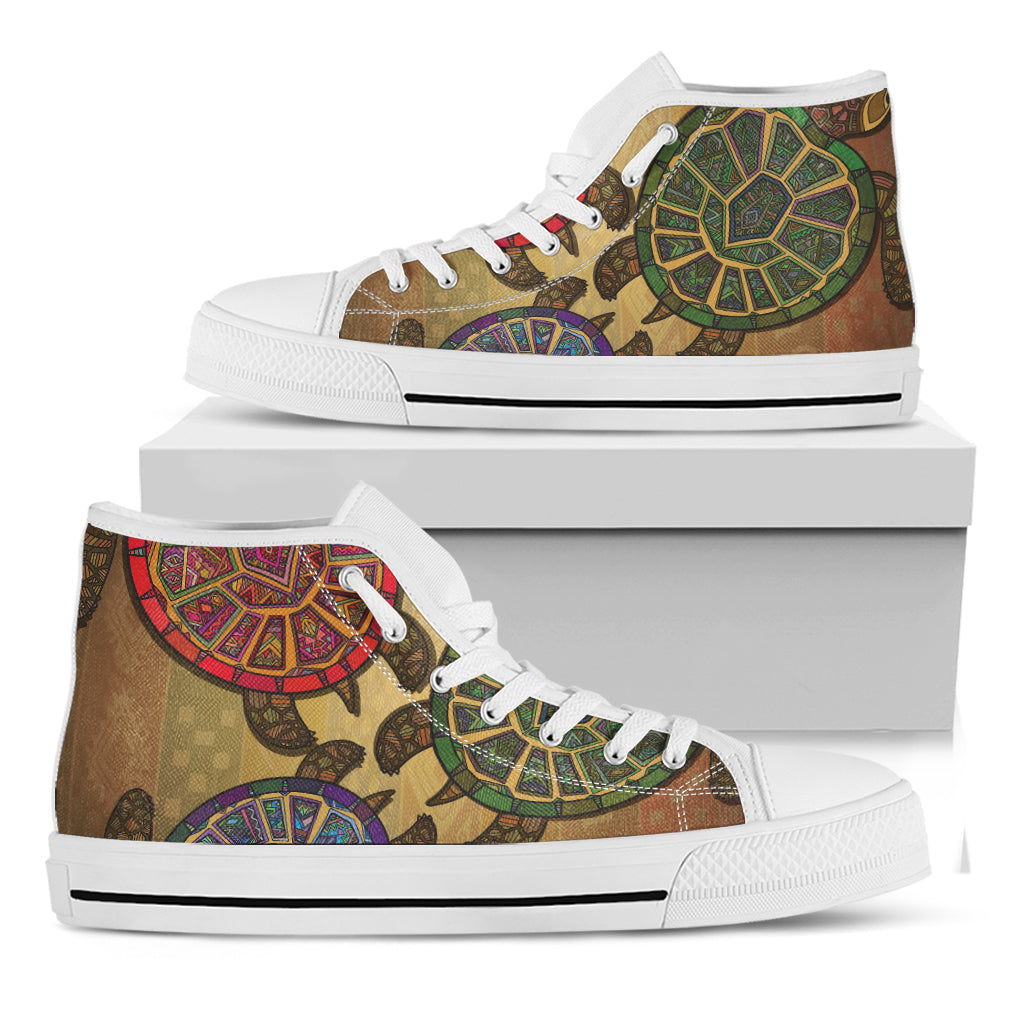 Ethnic Sea Turtles Print White High Top Shoes