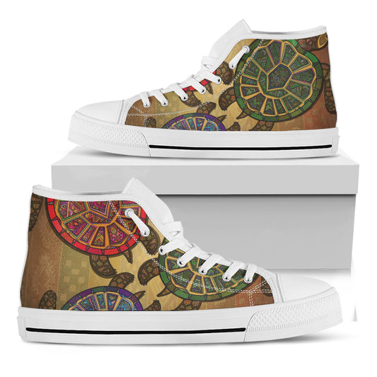 Ethnic Sea Turtles Print White High Top Shoes