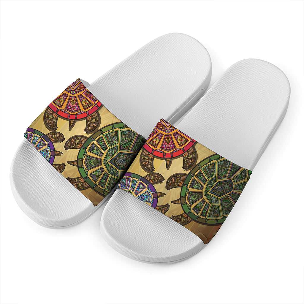 Ethnic Sea Turtles Print White Slide Sandals