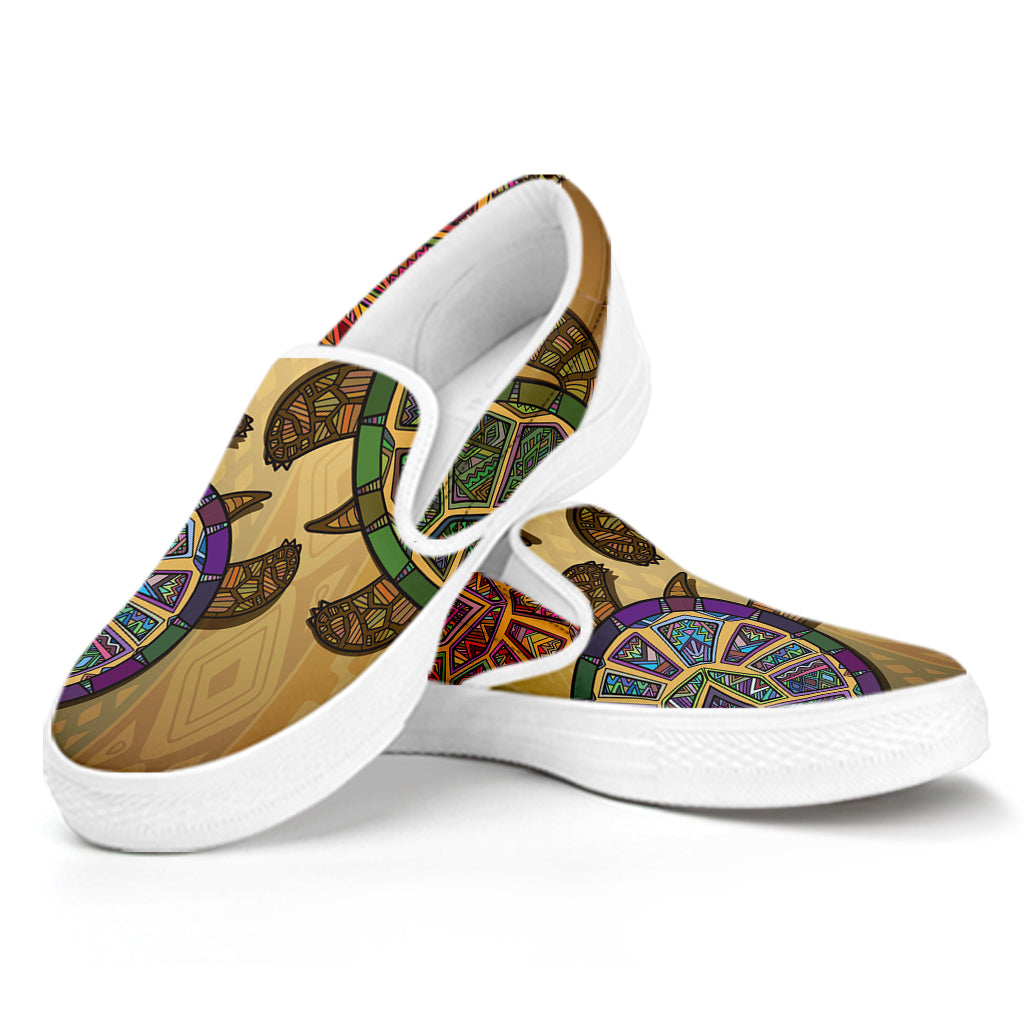 Ethnic Sea Turtles Print White Slip On Shoes