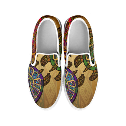 Ethnic Sea Turtles Print White Slip On Shoes