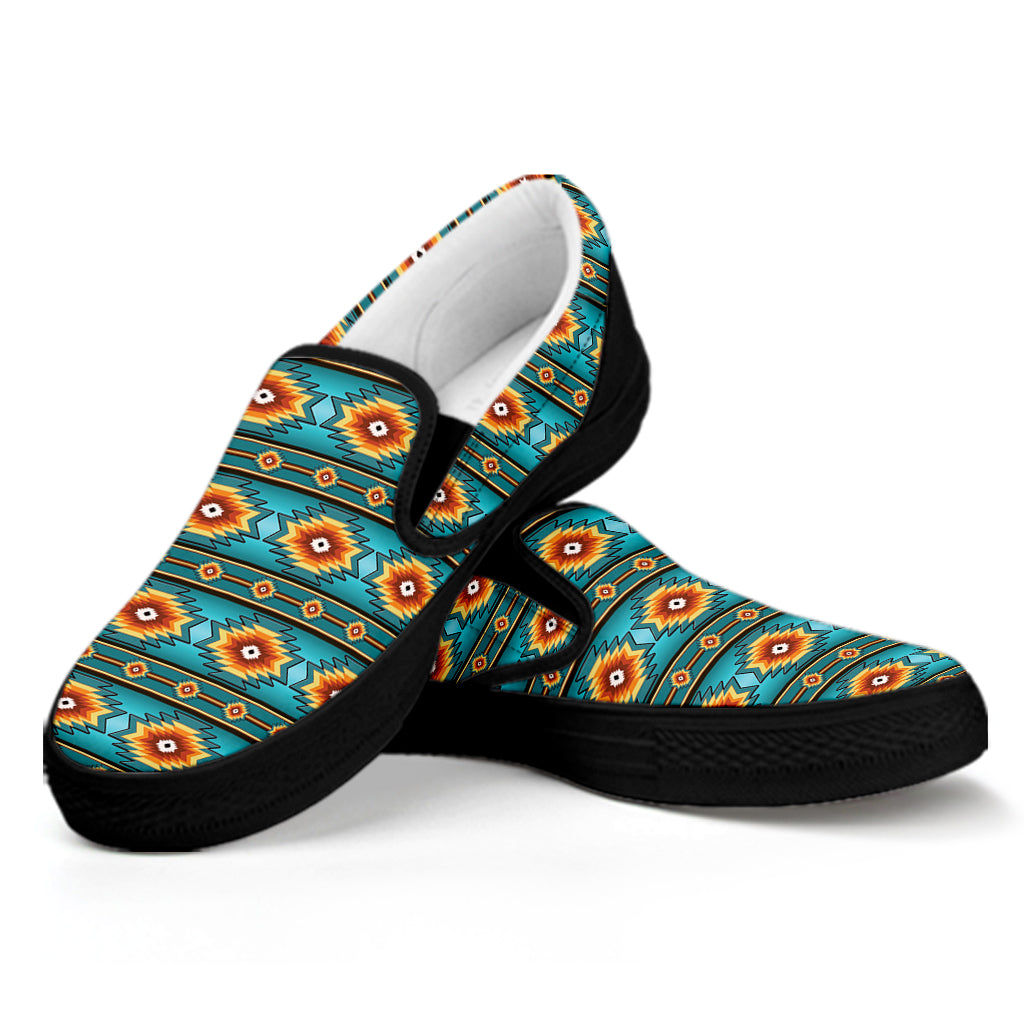 Ethnic Southwestern Navajo Pattern Print Black Slip On Shoes