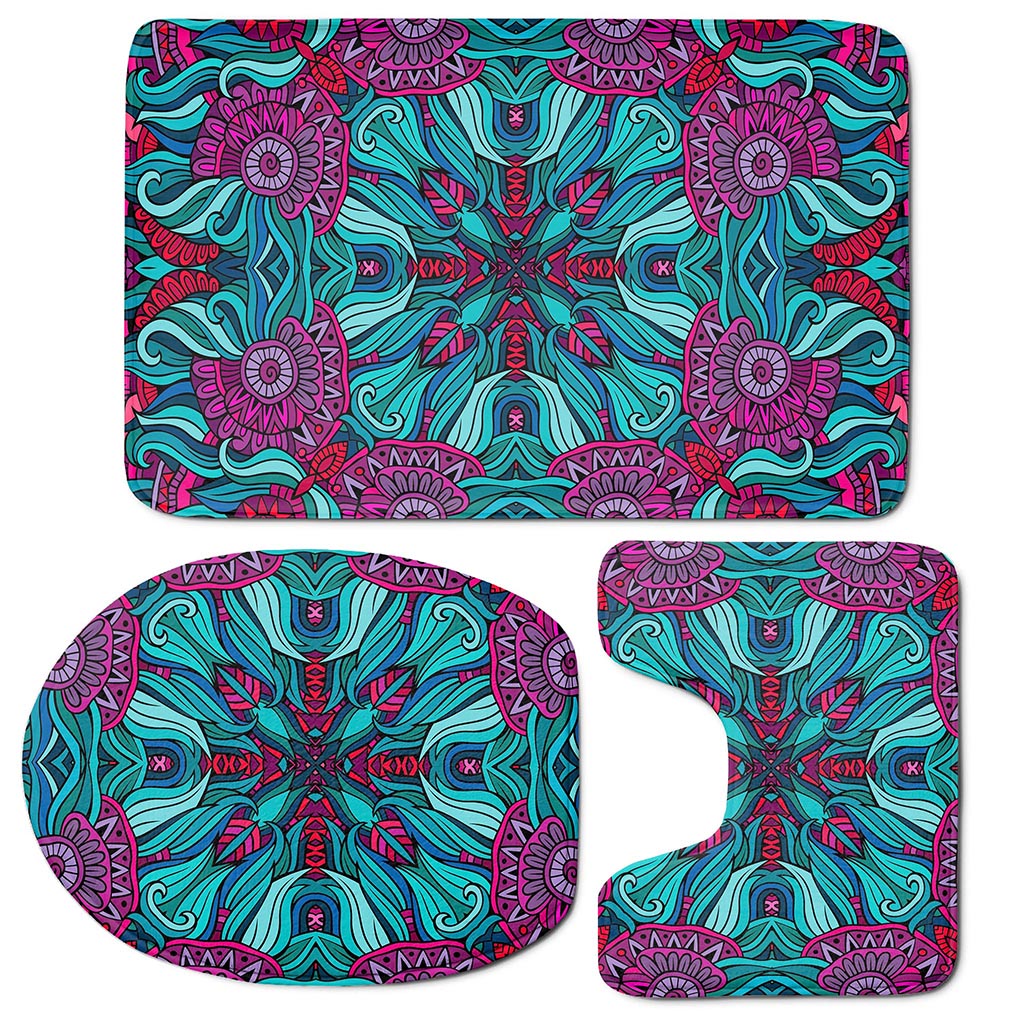 Ethnic Teal Bohemian Pattern Print 3 Piece Bath Mat Set