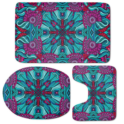 Ethnic Teal Bohemian Pattern Print 3 Piece Bath Mat Set