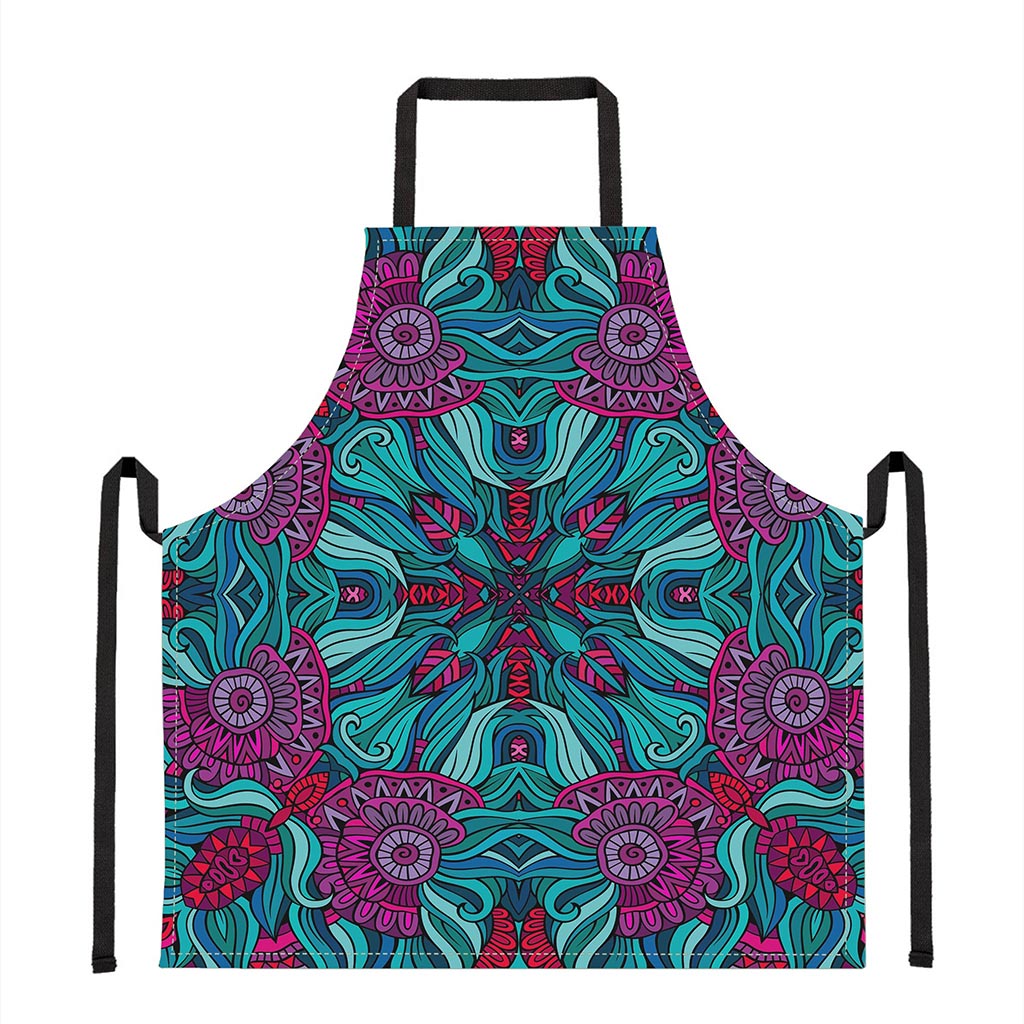 Ethnic Teal Bohemian Pattern Print Apron