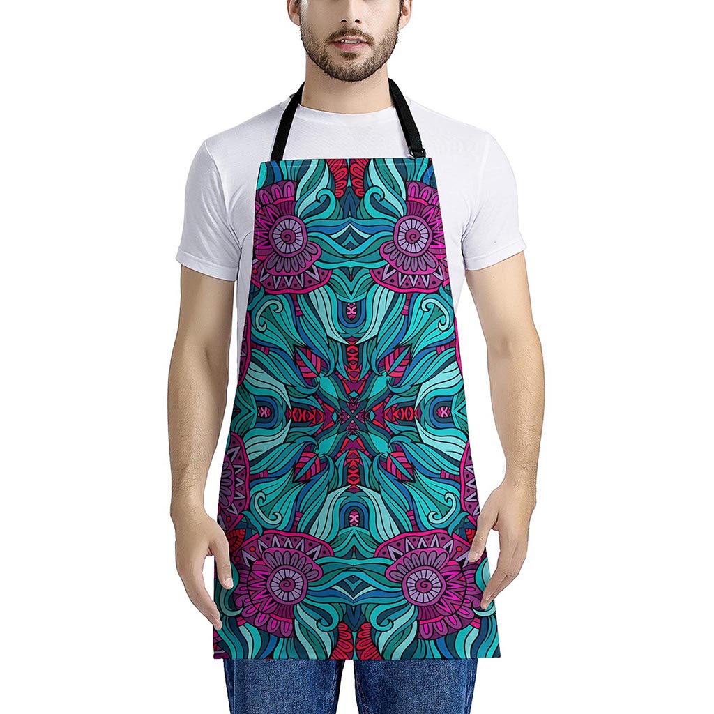 Ethnic Teal Bohemian Pattern Print Apron