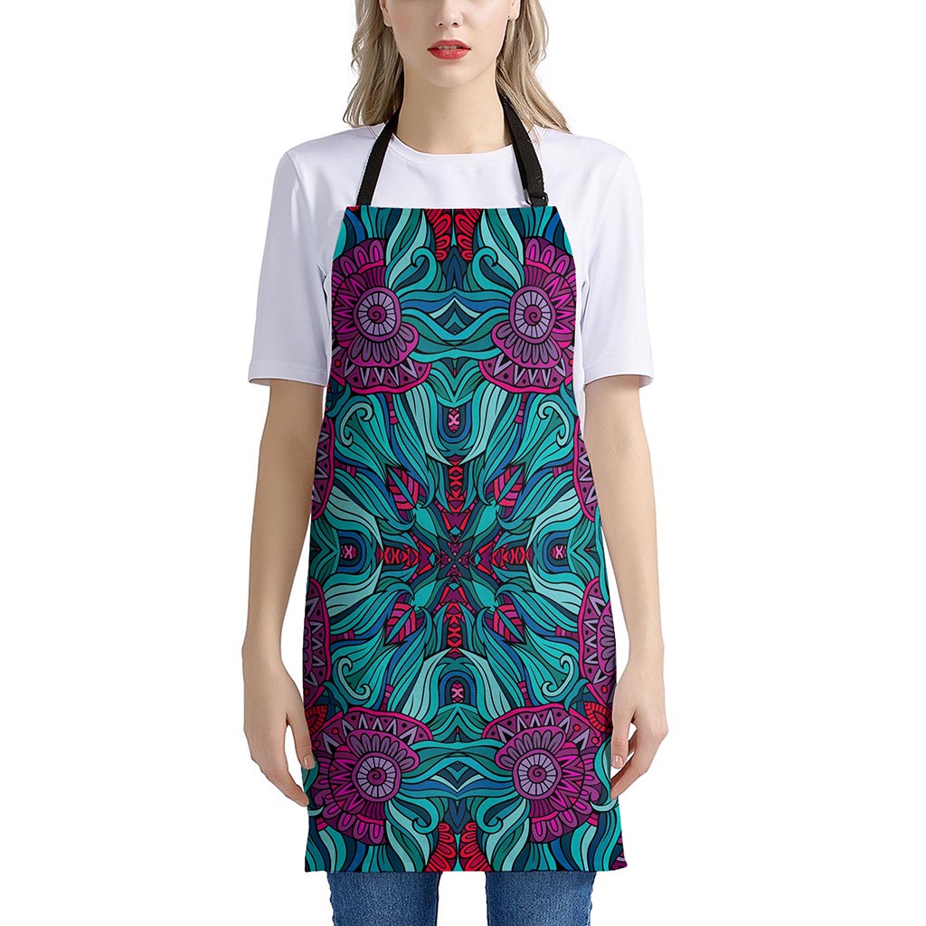 Ethnic Teal Bohemian Pattern Print Apron