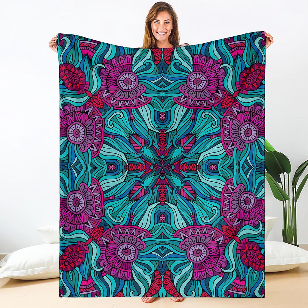 Ethnic Teal Bohemian Pattern Print Blanket