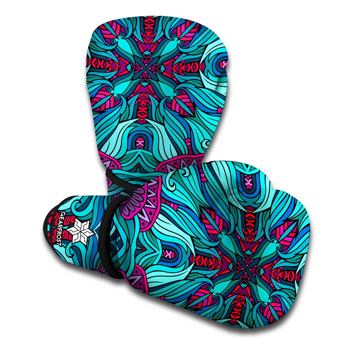 Ethnic Teal Bohemian Pattern Print Boxing Gloves