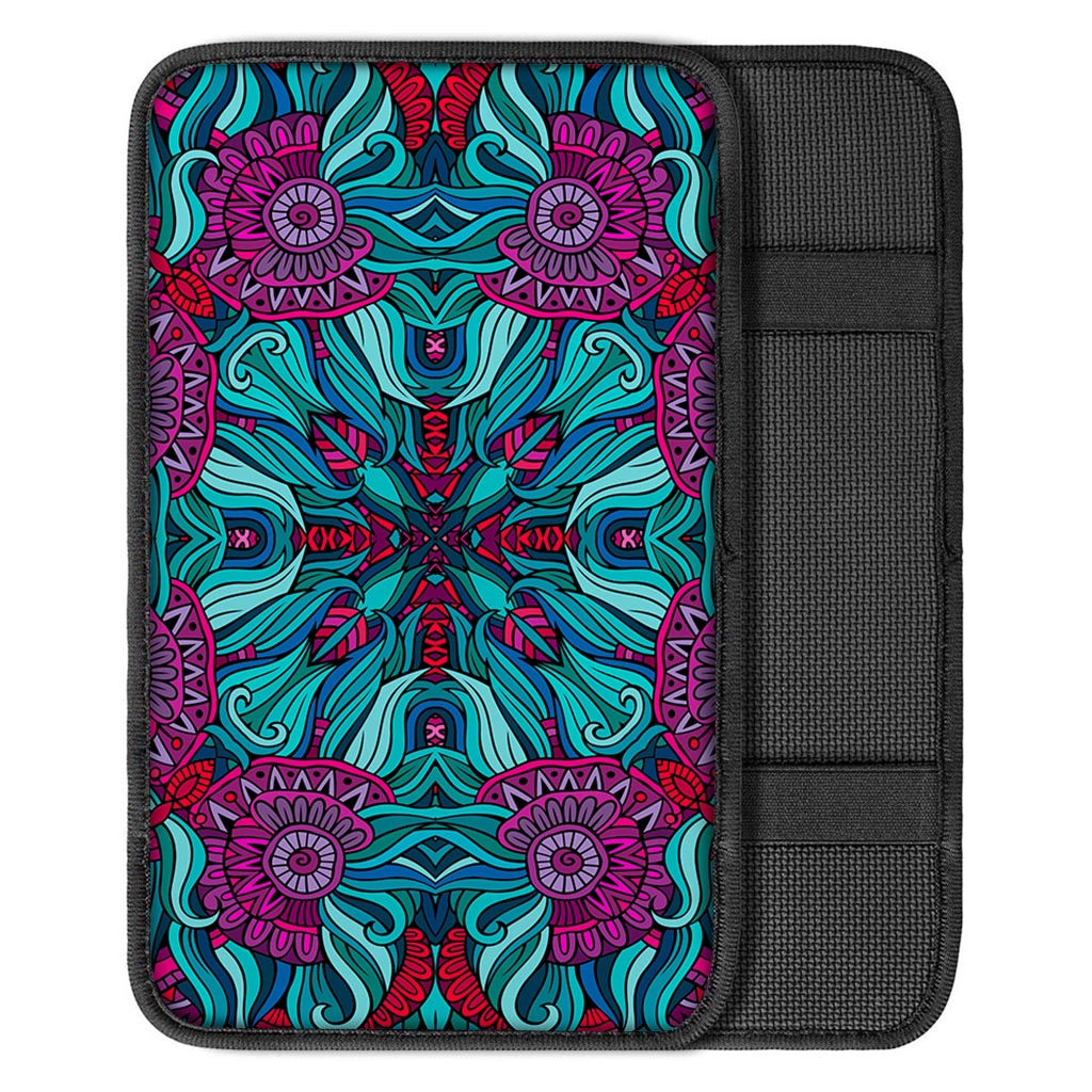 Ethnic Teal Bohemian Pattern Print Car Center Console Cover