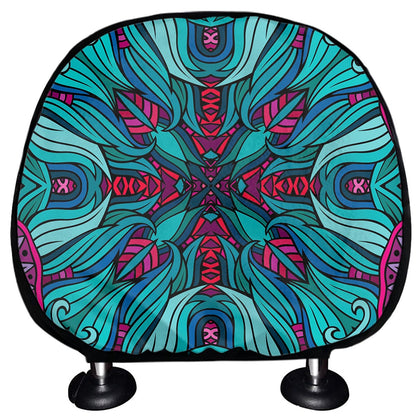 Ethnic Teal Bohemian Pattern Print Car Headrest Covers