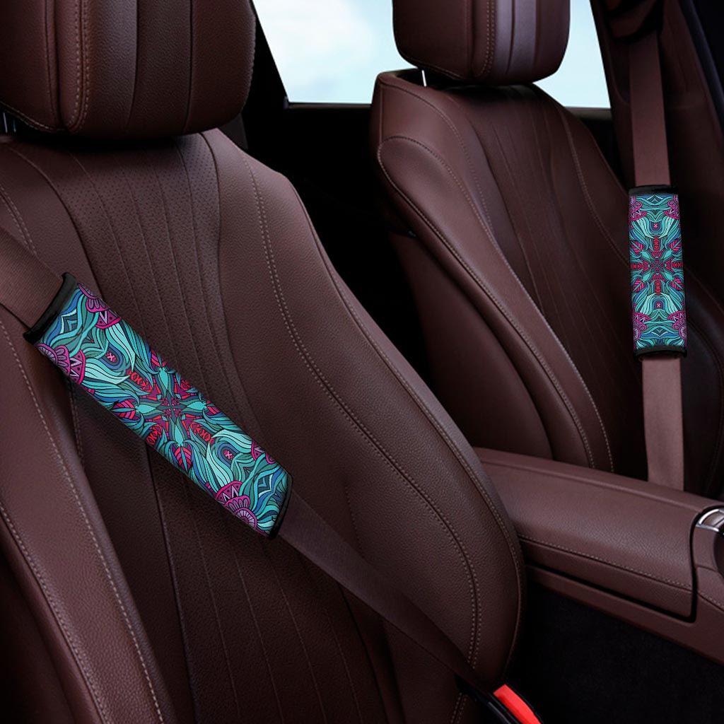 Ethnic Teal Bohemian Pattern Print Car Seat Belt Covers