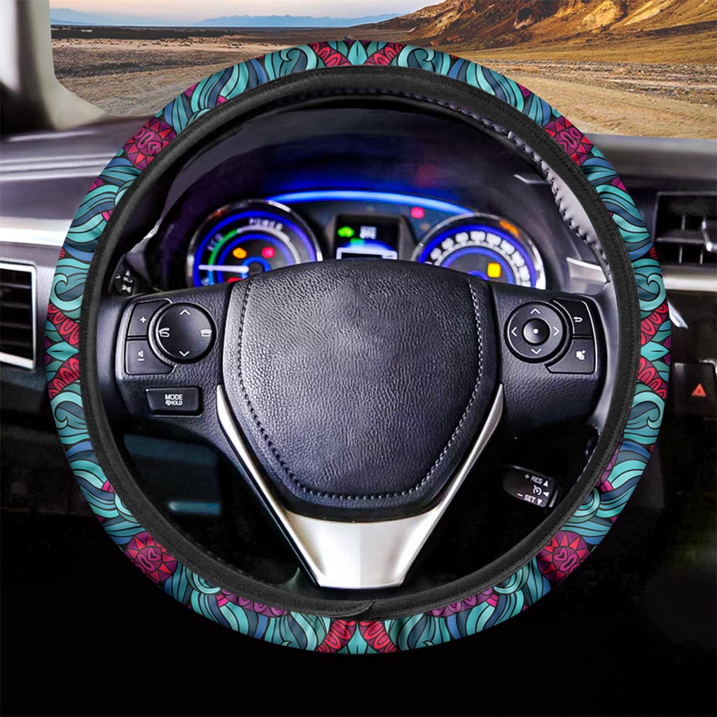 Ethnic Teal Bohemian Pattern Print Car Steering Wheel Cover