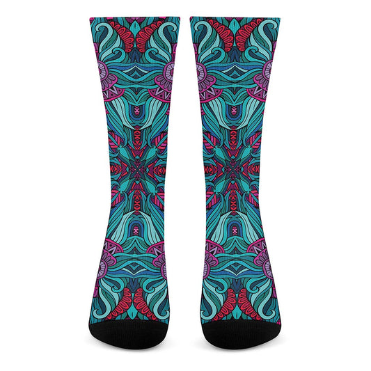 Ethnic Teal Bohemian Pattern Print Crew Socks