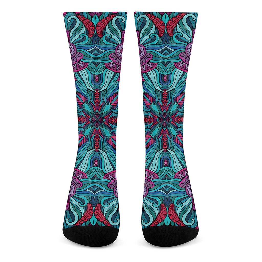 Ethnic Teal Bohemian Pattern Print Crew Socks