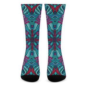 Ethnic Teal Bohemian Pattern Print Crew Socks