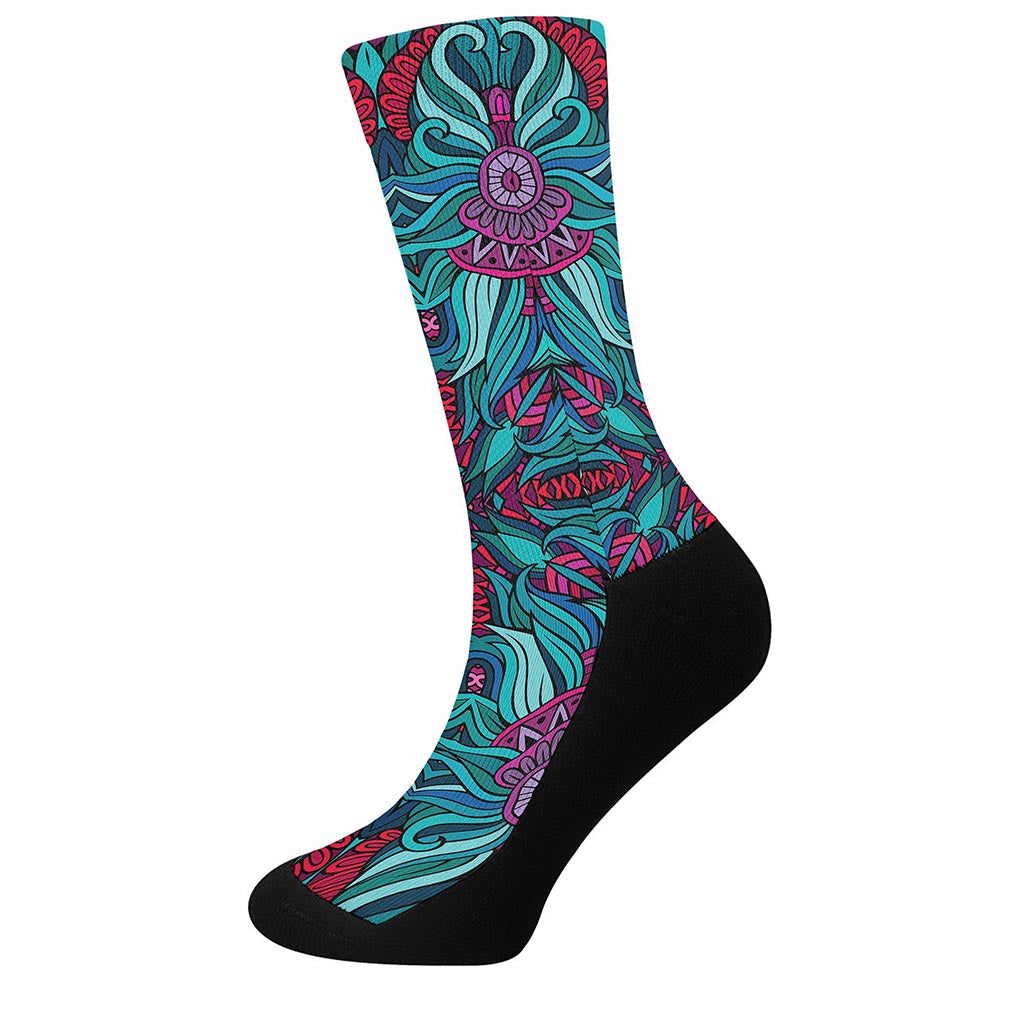 Ethnic Teal Bohemian Pattern Print Crew Socks