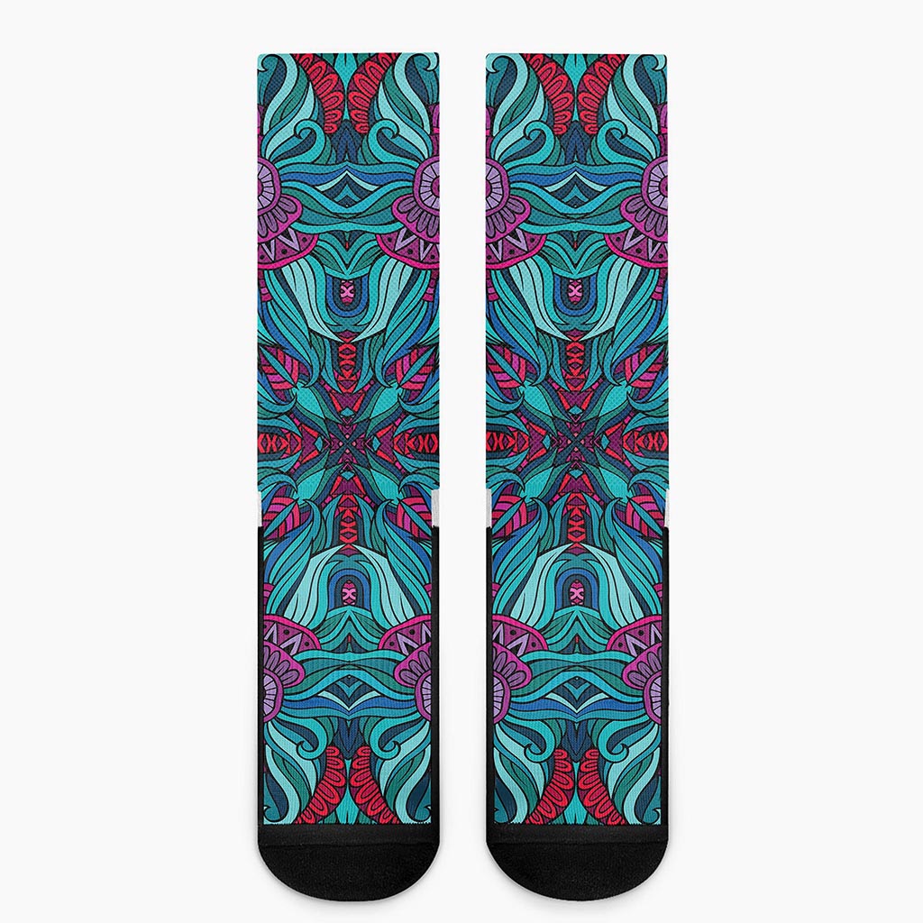 Ethnic Teal Bohemian Pattern Print Crew Socks