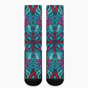 Ethnic Teal Bohemian Pattern Print Crew Socks