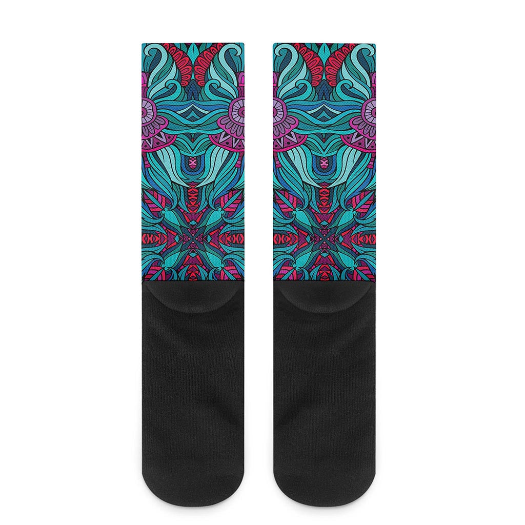 Ethnic Teal Bohemian Pattern Print Crew Socks