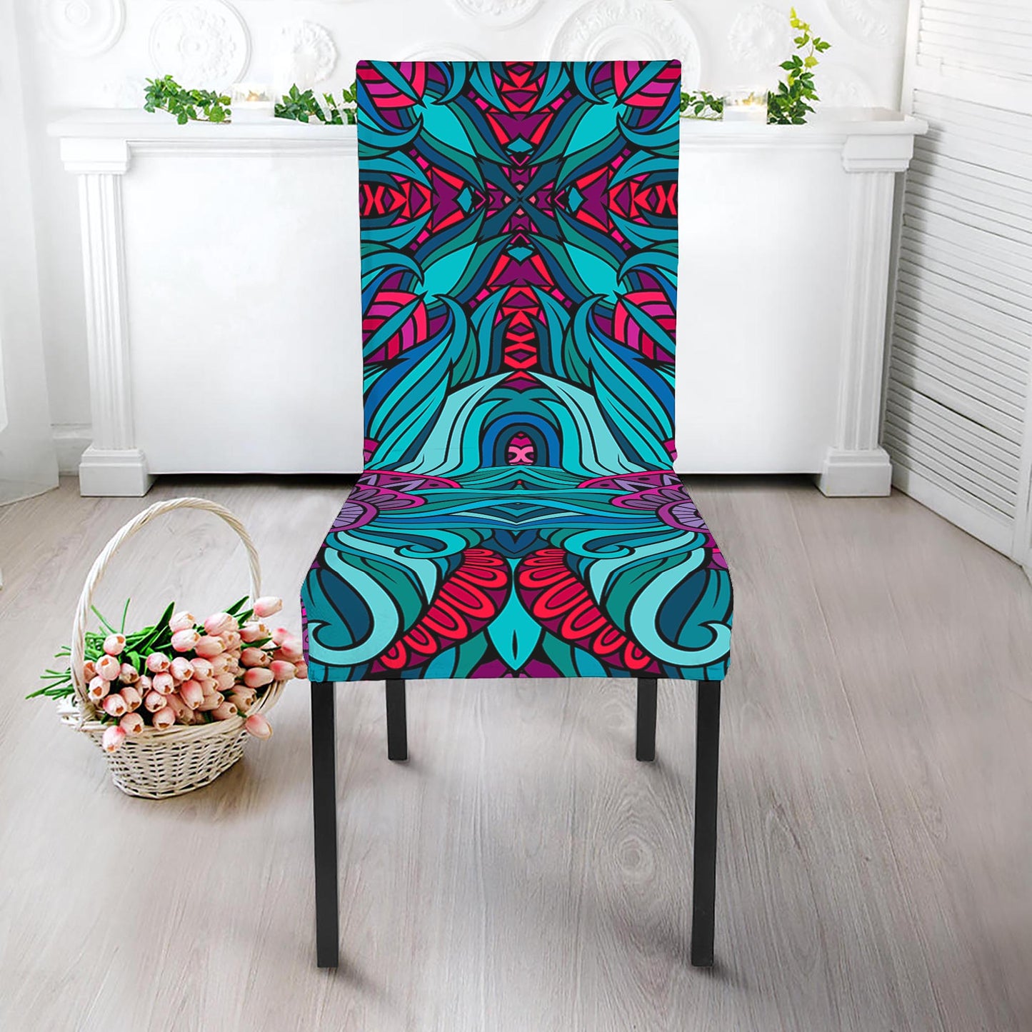 Ethnic Teal Bohemian Pattern Print Dining Chair Slipcover