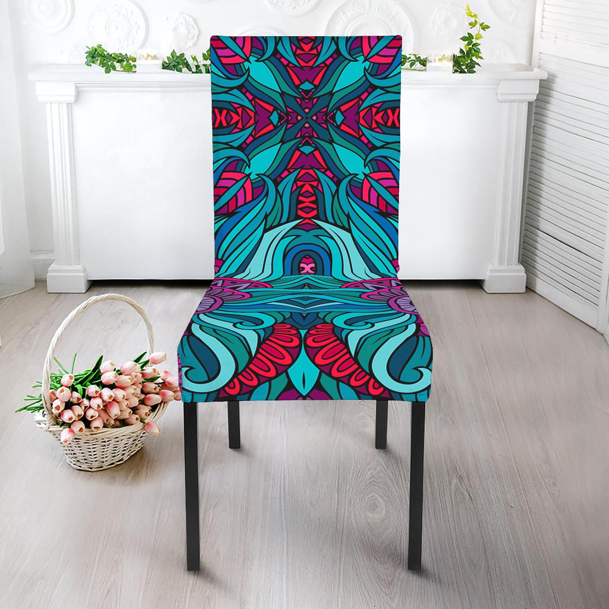 Ethnic Teal Bohemian Pattern Print Dining Chair Slipcover