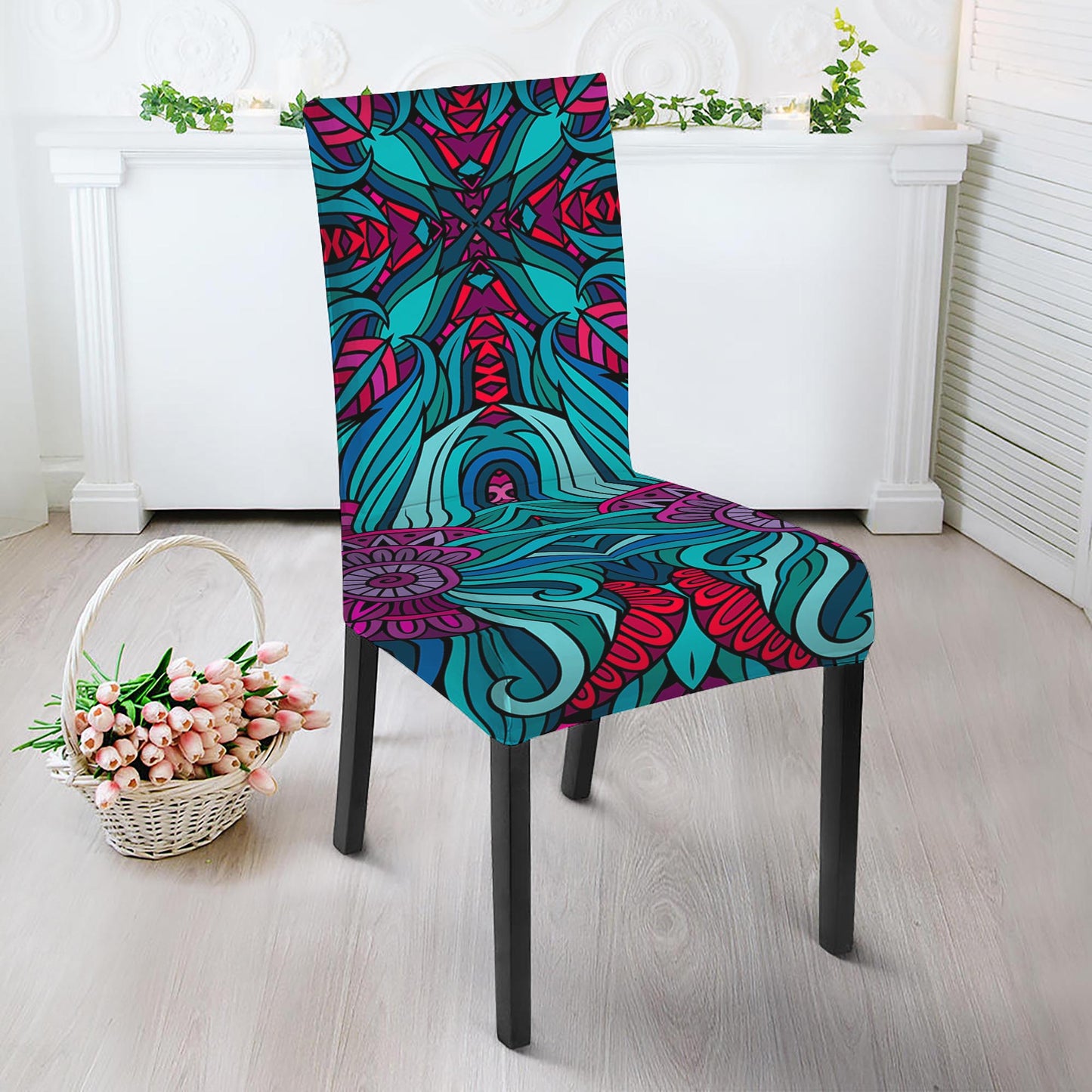 Ethnic Teal Bohemian Pattern Print Dining Chair Slipcover