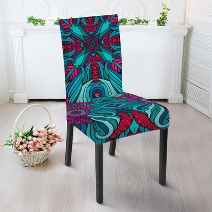 Ethnic Teal Bohemian Pattern Print Dining Chair Slipcover