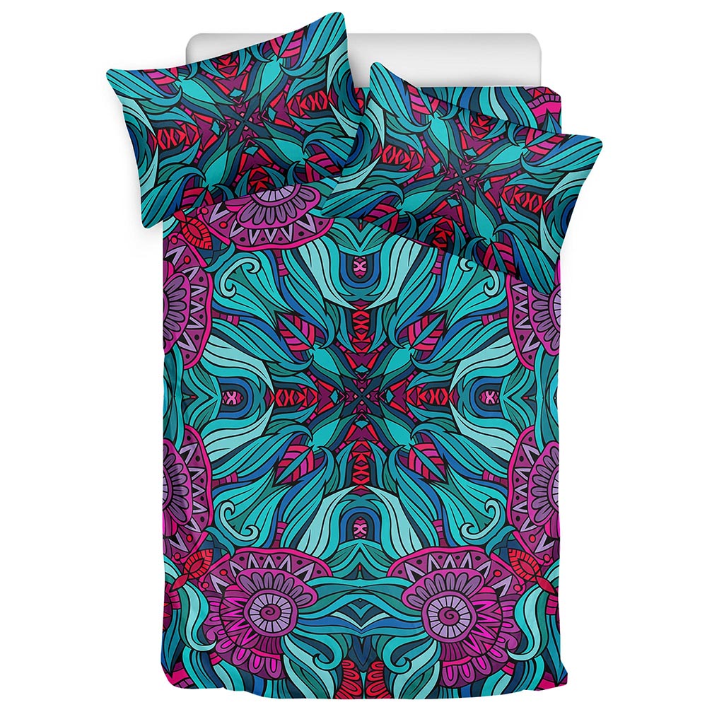 Ethnic Teal Bohemian Pattern Print Duvet Cover Bedding Set