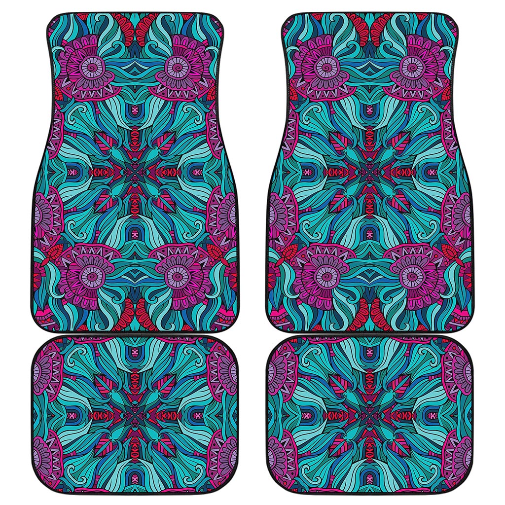 Ethnic Teal Bohemian Pattern Print Front and Back Car Floor Mats