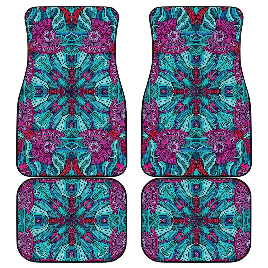 Ethnic Teal Bohemian Pattern Print Front and Back Car Floor Mats
