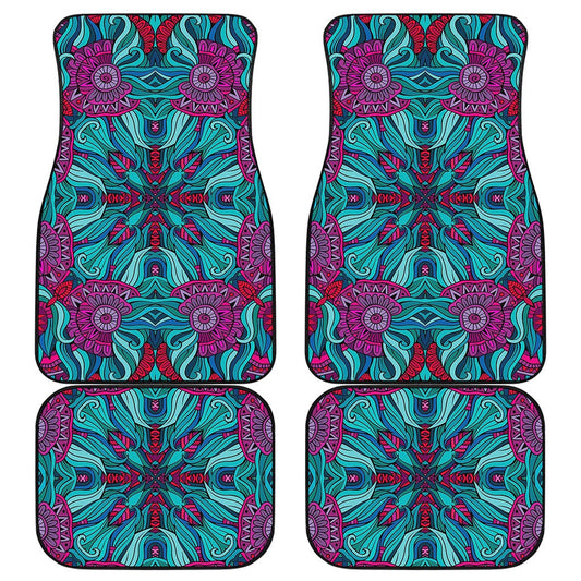 Ethnic Teal Bohemian Pattern Print Front and Back Car Floor Mats