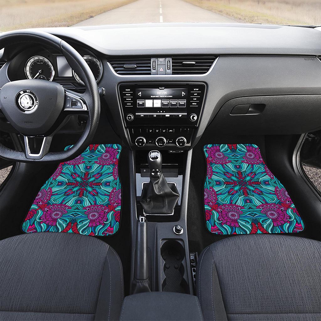 Ethnic Teal Bohemian Pattern Print Front and Back Car Floor Mats