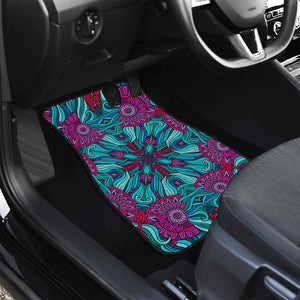 Ethnic Teal Bohemian Pattern Print Front and Back Car Floor Mats